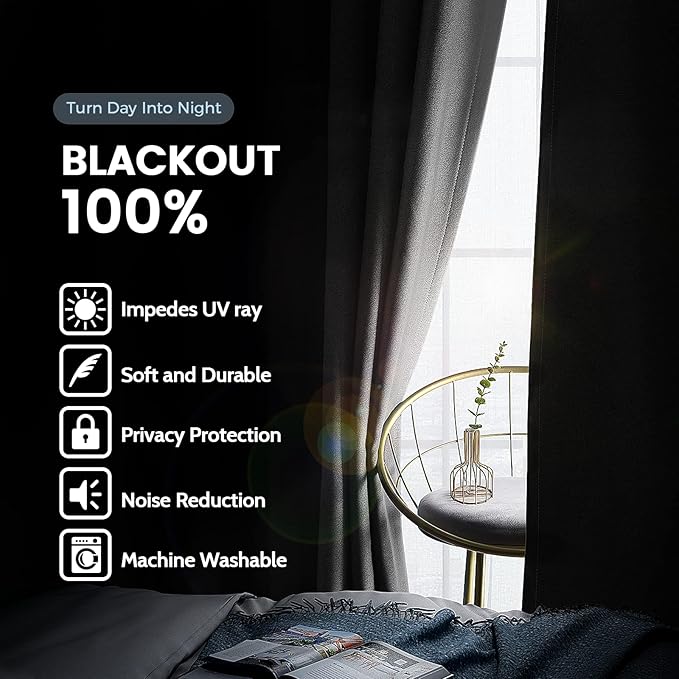 SimpleHome 100% Blackout Curtains for Bedroom,Thermal Insulated Grommet Window Drapes Room Darkening Grey Curtains for Living Room with Black Back,42 x 84 Inch,2 Panels