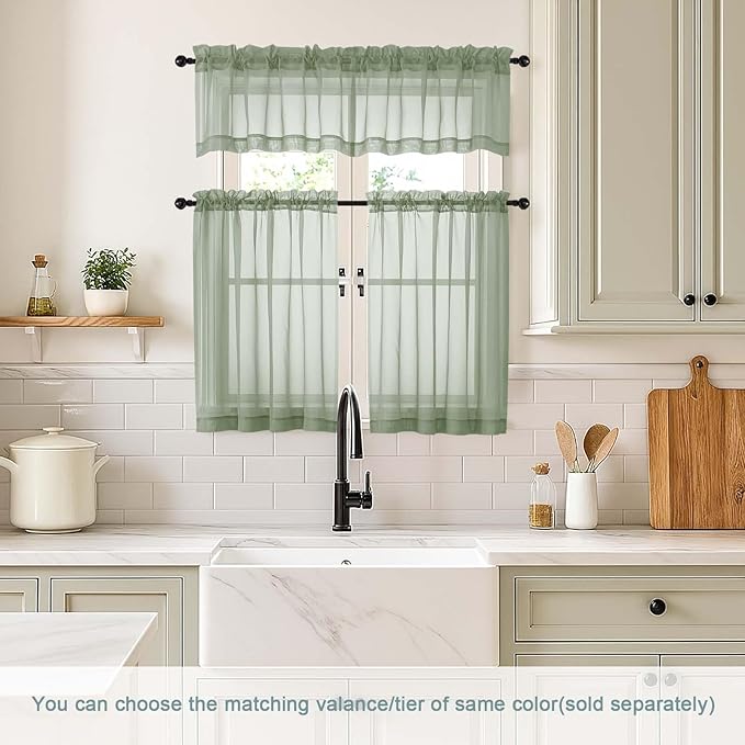 Sage Green Valances for Windows 14 inch Length 2 Panels, Small Voile Sheer Curtains for Bathroom, Soft Fabric Lightweight Light Filtering Kitchen Curtains, Dual Rod Pocket, 2x42Wx14L Inches