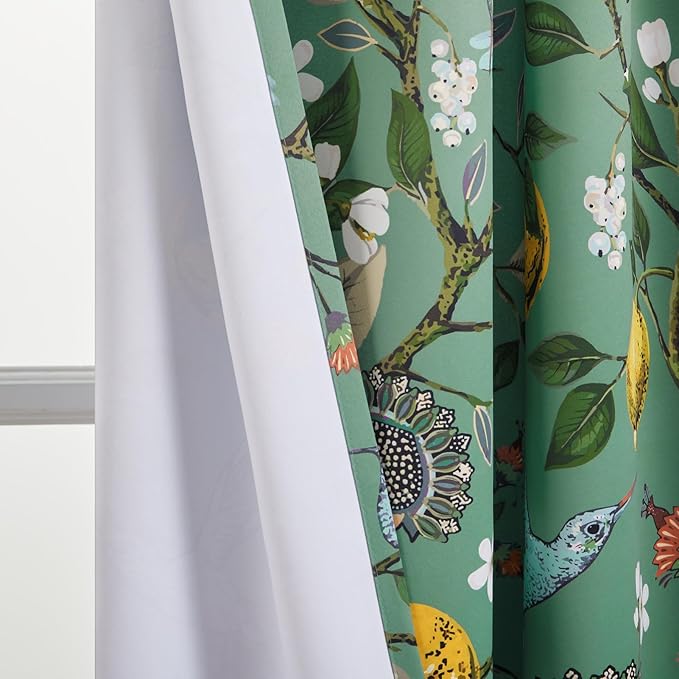 Topfinel Blackout Curtains 63 Inch Length 2 Panels, Cottagecore Tropical Forest Leaf Flower Hummingbird Lemon Patterned Energy Efficient Grommet Cute Green Drapery Treatment Nursery Classroom