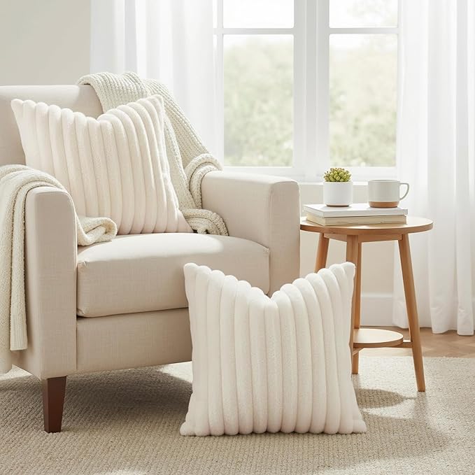 decorUhome Summer Cozy Faux Fur Throw Pillow Covers 16x16 Set of 2 Decorative Soft Plush Striped Modern Farmhouse Boho Couch Pillow Cases with Velvet Back for Sofa Bed Living Room, Cream White