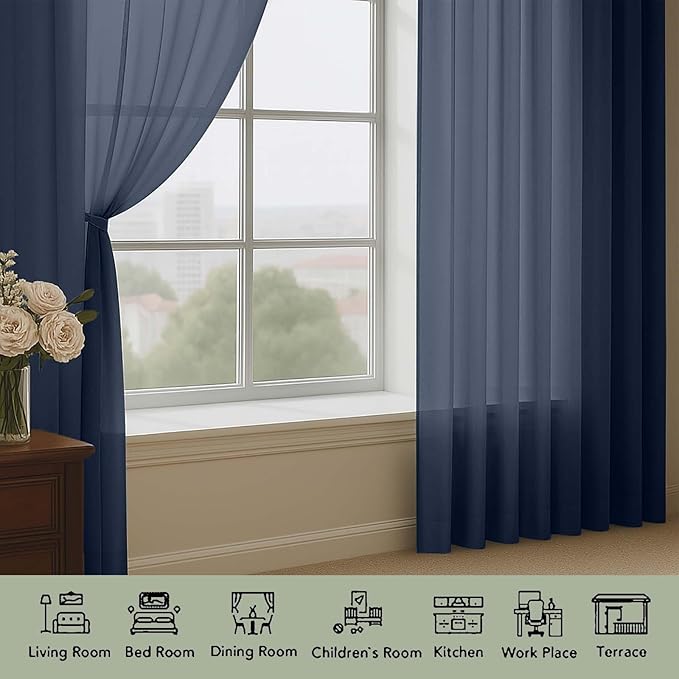 OWENIE Sheer Navy Blue Curtains 108 Inches Long for Living Room Bedroom 2 Panels Set, Lightweight Airy Navy Blue Sheer Curtain, Filmy Voile Rod Pocket, 2 PCS, Each 59" W x 108" L