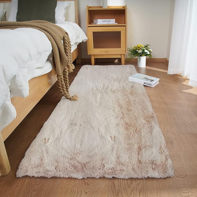 Ghouse Ultra Soft Faux Rabbit Fur Rug, Machine Washable Area Rugs for Bedroom Fluffy Rugs for Living Room, No-Shedding Carpet Sheepskin Runner Rugs Light Brown Beige 2 x 8 Feet