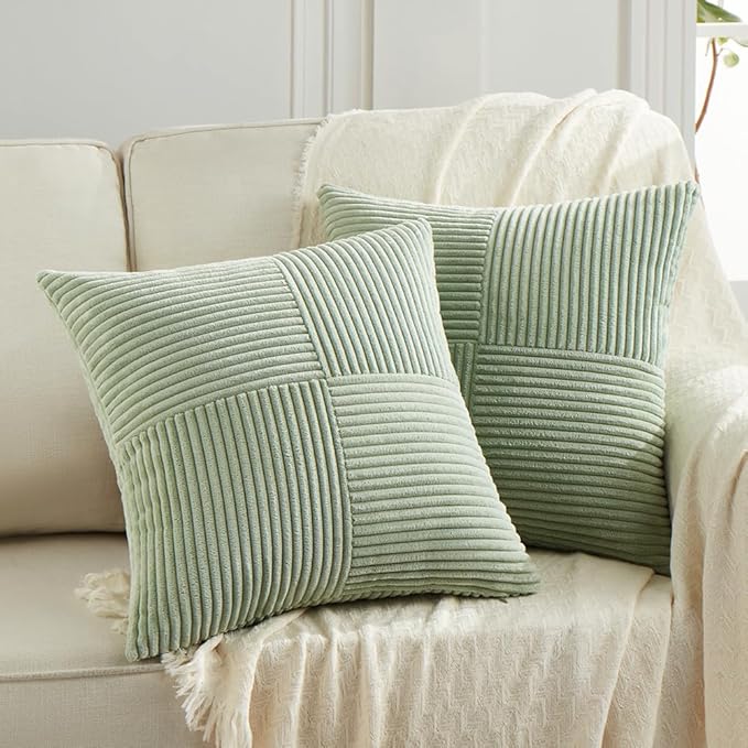 Fancy Homi 2 Packs Sage Green Big Decorative Throw Pillow Covers 24x24 Inch for Living Room Couch Bed, Rustic Farmhouse Boho Home Decor, Soft Corss Corduroy Patchwork Accent Cushion Case 60x60 cm