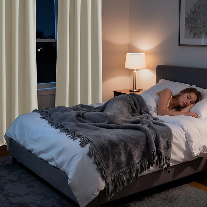 RYB HOME Bedroom Blackout Curtains 63 inches Long, 100% Blackout Thermal Insulated Noise Reducing Curtains for Living Room Nursury, 62 inches Wide by 63 inches Long, Natural