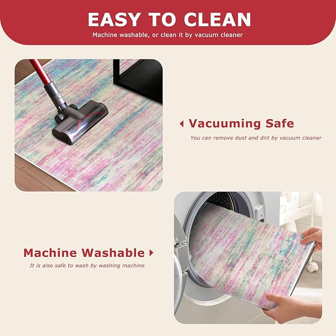 KOZYFLY Pink Nursery Rug for Baby Girl, Washable Thin Area Rugs 5x7 for Kids Bedroom Dorm Playroom, Non-Slip Faux Wool Soft Low Pile Living Room Rug for Dining Room, Kitchen Bathroom
