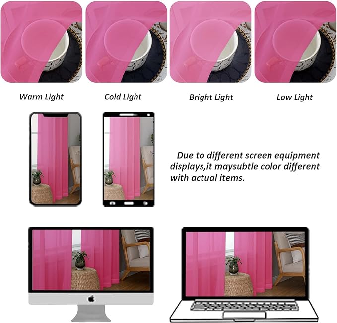 Chyhomenyc Sheer Valances for Windows, Light Filtering Small Window Curtains for Living Room Bathroom Cafe Laundry Basement, Top Dual Rod Pocket Voile Curtain, 42Wx14L inches, Hot Pink, 2 Pieces