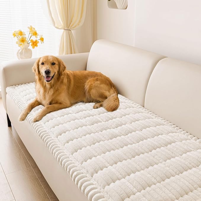 hyha Couch Covers for Dogs Washable, Non Slip Plush Dog Sofa Protectors, Fuzzy Pet Couch Covers for 3 Cushion Sofa Pet Friendly (White, 27.6" x 88")