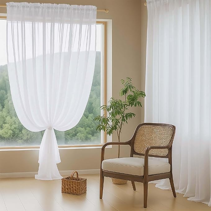 Extra Wide White Sheer Curtains for Window 96 Inches Long 2 Panels Set, Elegant Light Filtering Voile Sheer Curtains for Sliding Glass Door, Dual Rod Pocket Window Drapes, 2x59Wx96L Inches