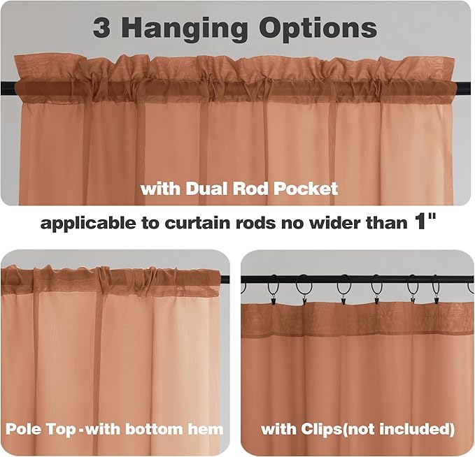 Chyhomenyc Orange Sheer Curtains 54 Inch Long 2 Panels, Short Voile Drapes for Dinning Small Windows Bathroom Living Room Bedroom, Rod Pocket, 42Wx54L Inches