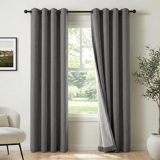 100% Blackout Shield Linen Blackout Curtains for Bedroom, Dark Gray Grommet Curtains for Living Room, Thermal Insulated Room Darkening Drapes for Nursery, Boho Home Decor, 50" W x 72" L, 2 Panels