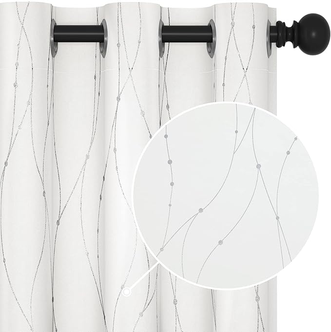 Deconovo White Curtains, Room Darkening Curtain, Thermal Insulated Soundproof Drapes, Wave Dots Silver Print, 42 x 72 Inch Long, Grommet Top, Window Panels for Living Room Bedroom Nursery, Set of 2