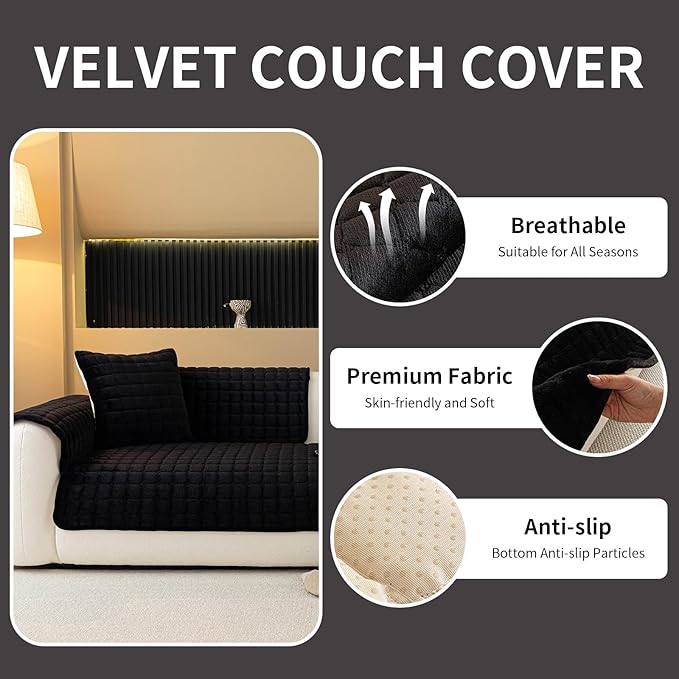 Velvet Couch Cover, Plush Sectional Sofa Cover Washable, Anti Slip Sofa Slipcover for Loveseat, Furniture Protector Covers for Pets & Kids(1PC, Black, 35.4"×47.2", Loveseat)