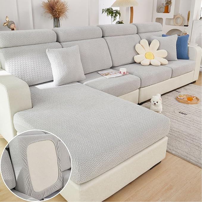 Sofa Covers Couch Covers for Sofa Pet Friendly Couch Cushion Covers Universal Sofa Covers Washable Stretch Slipcovers for Sectional Sofa (Texture Light Gray, 3 Seats + Chaise Cover)