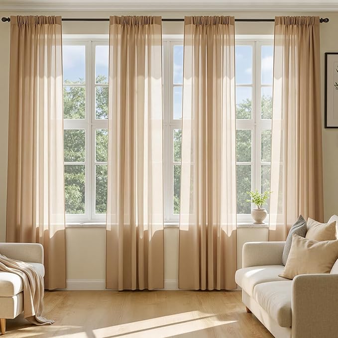 MIULEE Brown Sheer Curtains 84 Inches Long, 4 Panels Set, Rod Pocket Voile Drapes Light Filtering and Semi Transparent, Elegant Window Treatments for Bedroom Living Room,54 x 84 Inches