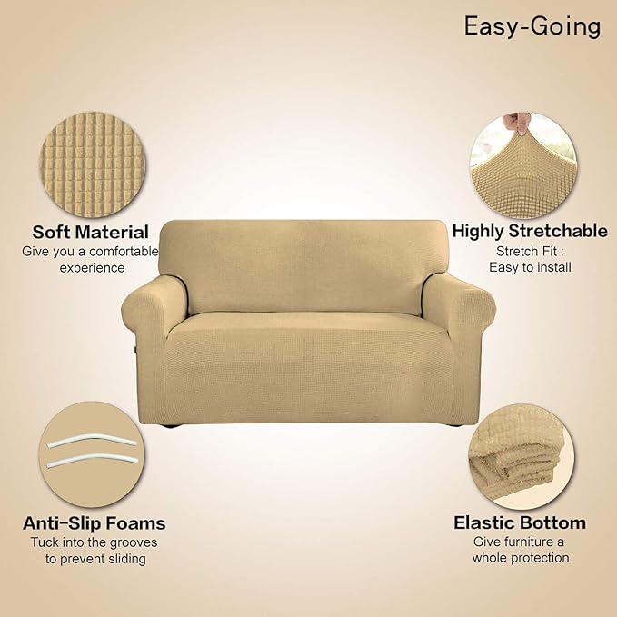 Easy-Going Stretch Oversized Sofa Slipcover 1-Piece Sofa Cover Furniture Protector Couch Soft with Elastic Bottom for Kids, Polyester Spandex Jacquard Fabric Small Checks Beige