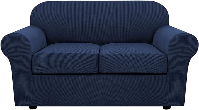 H.VERSAILTEX 3 Piece Stretch Sofa Covers for 2 Cushion Loveseat Couch Covers for Living Room Sofa Slipcovers (Base Cover Plus 2 Seat Cushion Covers) Thicker Jacquard Fabric(Medium Sofa, Navy)