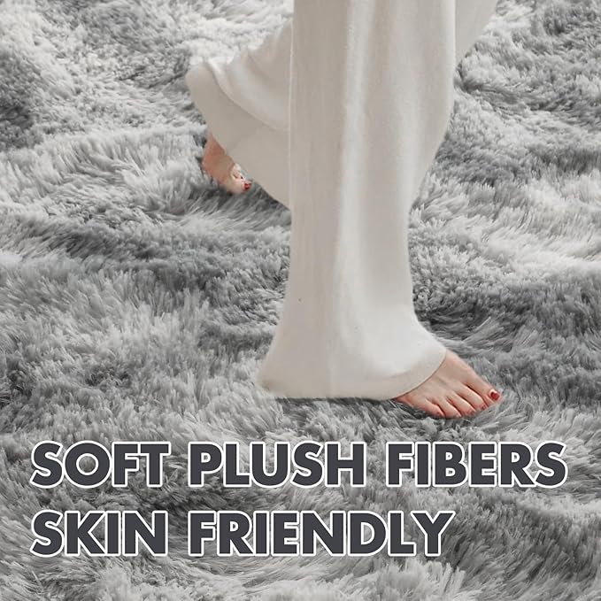 7x10 Ft Extra Large Shag Rugs for Living Room, Tie Dyed Ultra Soft Fluffy Furry Area Rugs for Bedroom Indoor Floor, Aesthetic Carpet for Kids Home Decor (Light Grey)