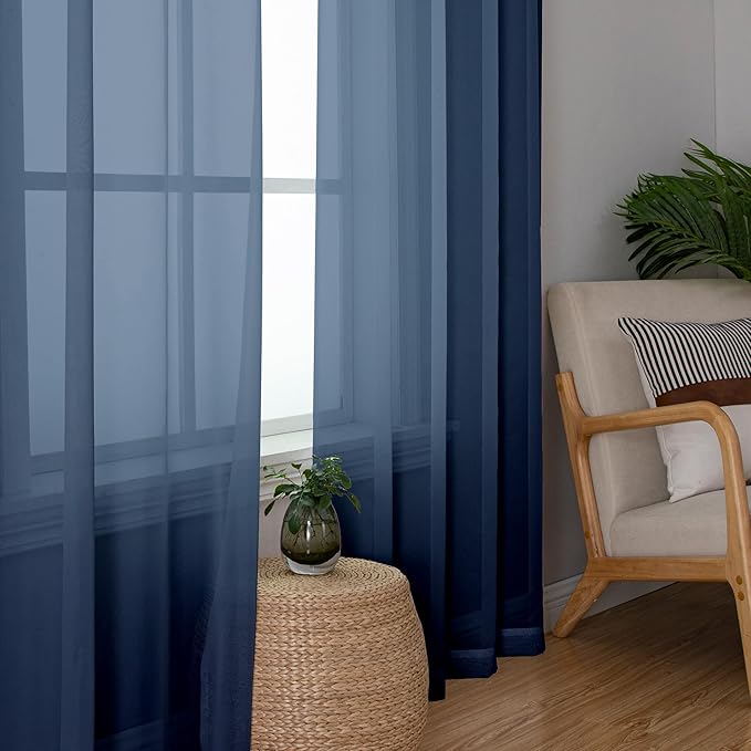 Simplebrand Blue Sheer Curtains 96 Inches Long, Light Filtering Rod Pocket Solid Color Window Sheer Curtain Panels, Elegant Curtains & Drapes for Bedroom 2 Panels (Navy Blue, 42" W x 96" L)