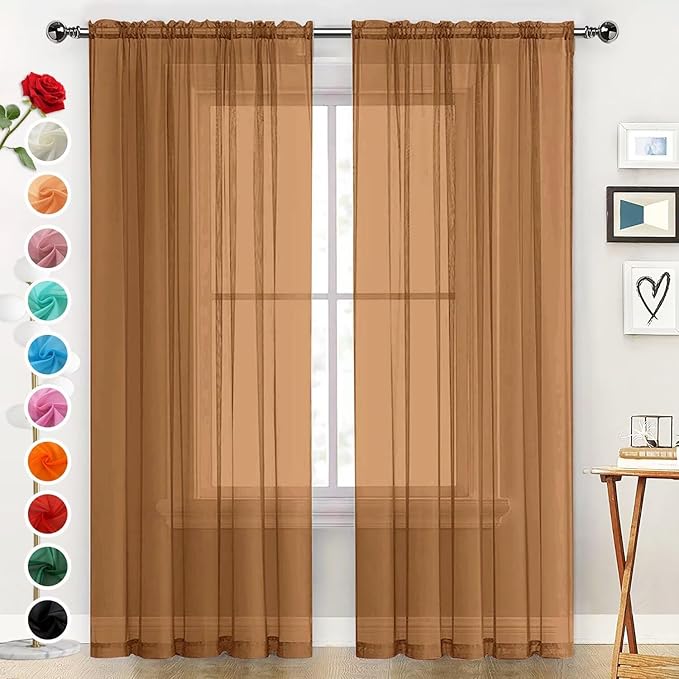 SpaceDresser Basic Rod Pocket Sheer Voile Window Curtain Panels Light Brown 1 Pair 2 Panels 52 Width 63 Inch Long for Kitchen Bedroom Children Living Room Yard（Light Brown, 52W x 63L）