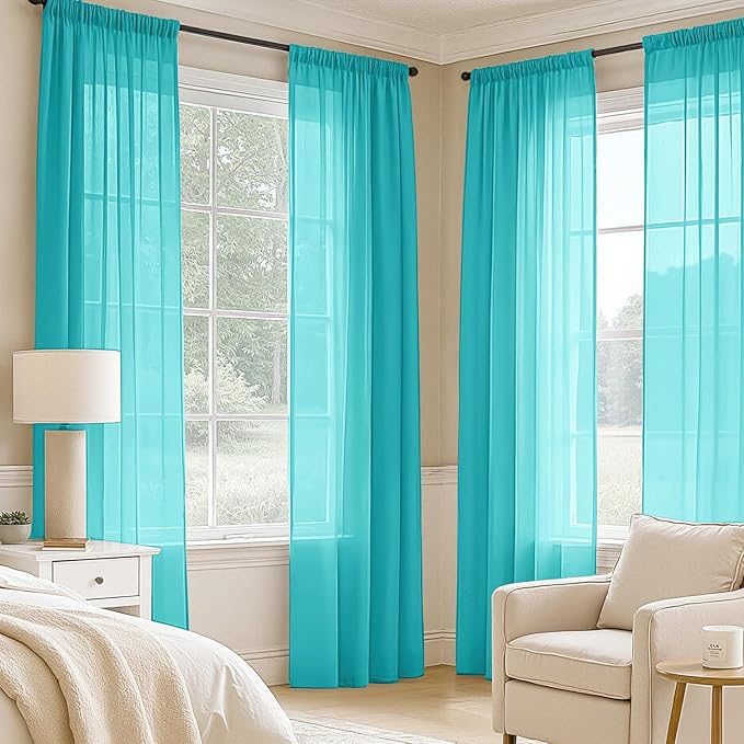 MIULEE Turquoise Sheer Curtains 96 Inches Long, 4 Panels Set, Light Filtering Rod Pocket Voile Drapes for Living Room and Bedroom, Airy Soft Fabric Window Treatments, 42 x 96 Inches