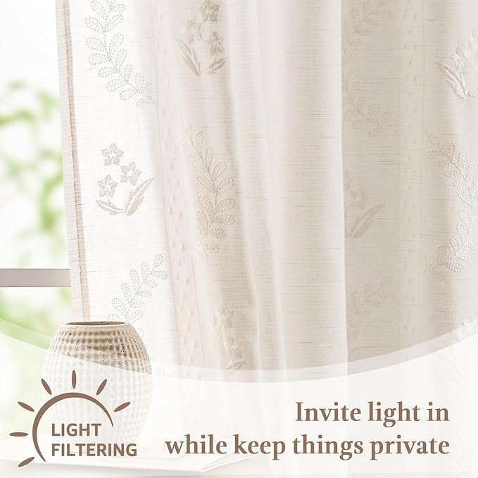 jinchan Belrose Linen Floral Kitchen Curtains 36 inch Length Embroidered Farmhouse Cafe Curtains for Living Room Bathroom Small Windows Curtain Set Sheer Light Filtering 2 Panels White