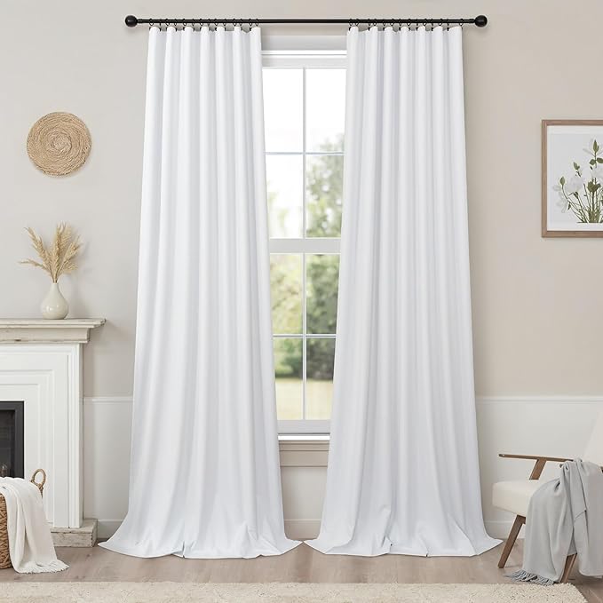 Pitalk 100% Blackout Curtains for Bedroom White 100 Inch Length Living Room Black Out Shades Faux Linen Designer Custom Drapes for Windows Treatments Thermal Insulating 100 Inches Long 2 Panels 2Pcs