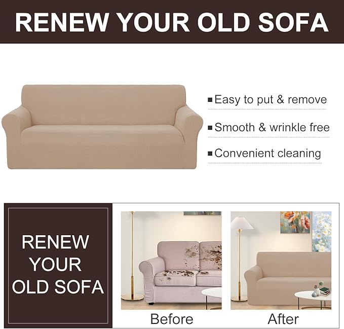 U-NICE HOME 4 Seater Stretch Couch Cover Sofa Cover Washable Sofa Slipcover Furniture Protector for 3 Cushion Couch Sofa Pet Friendly, Camel