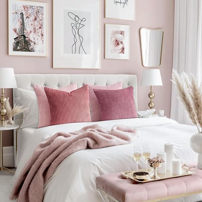 Topfinel Pink Throw Pillow Covers 12x12 Inch Set of 4,Soft Farmhouse Corduroy Decorative Cushion Cover,Square Cute Pillow Case for Gril's Bedroom Couch Sofa Living Room,Spring Series Home Decor