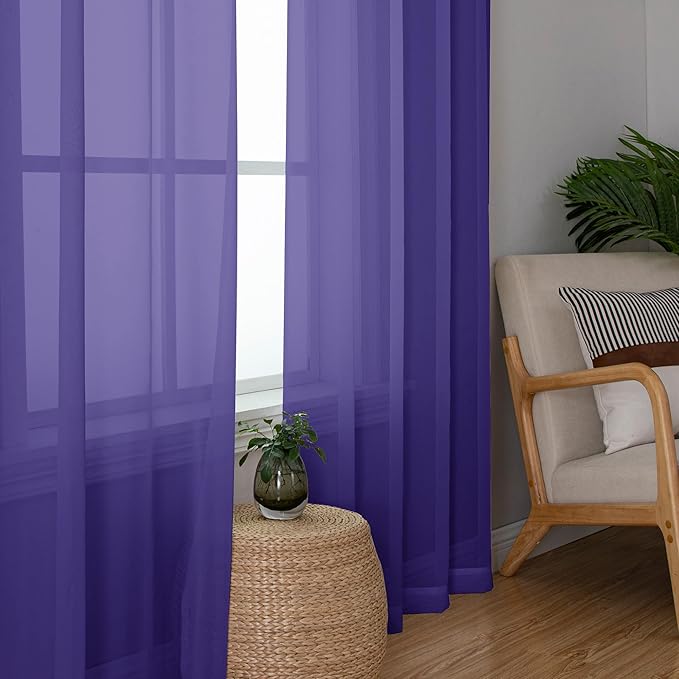 Chyhomenyc Purple Sheer Curtains 54 Inch Long 2 Panels, Light Filtering Rod Pocket Voile Short Curtains Drapes for Living Room Bedroom Small Windows, 42Wx54L Inches