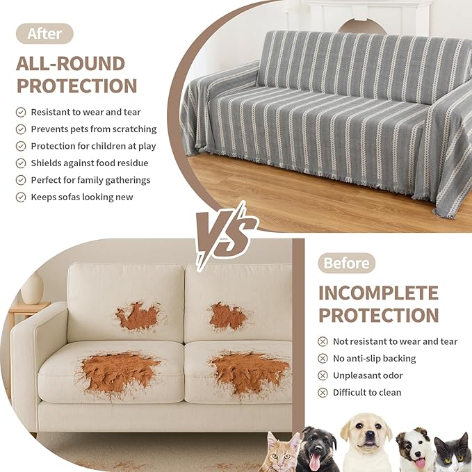 Couch Cover for Dogs, Boho Sofa Covers for 3 Cushion Couch, Chenille Sofa Slipcover for Pets Washable, L-Shape Sectional Loveseat Cover Soft Throw Blankets with Tassels(71x102,Striped Grey)