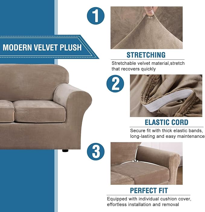 H.VERSAILTEX Rich Velvet Stretch 2 Piece Cover Chair Slipcover Sofa Cover Furniture Protector Couch Soft with Elastic Bottom Chair Couch Cover with Arms Width Up to 49 Inch(Chair,Camel)