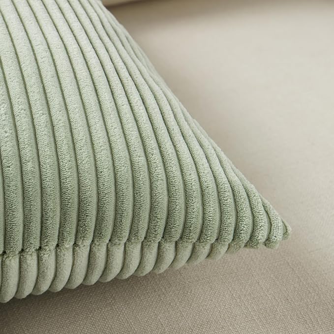 Fancy Homi 2 Packs Sage Green Long Lumbar Decorative Throw Pillow Covers 16x24 Inch for Couch Bed Sofa, Rustic Farmhouse Boho Home Decor, Soft Striped Corduroy Rectangle Accent Cushion Case 40x60 cm