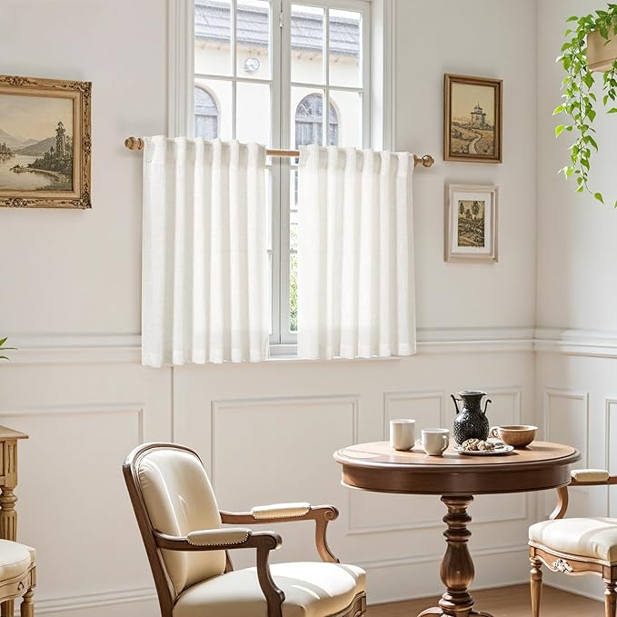 Nanspring 24 Inch Linen Curtains for Kitchen Beige White Small Window Semi Sheer Curtains Back Tab and Rod Pocket Light Filtering Drapes for Basement Short Cafe Curtain, 40 x 24 Inch,2 Panels