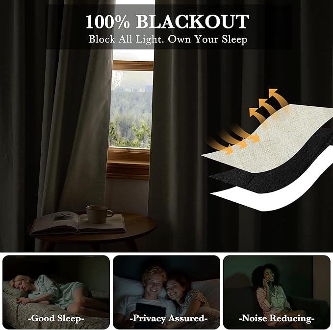 RYB HOME Natural Linen 100% Blackout Curtains for Bedroom 52 Width 108 Long, Linen Blackout Curtains Privacy Protection& Thermal Insulated for Sliding Door/Living Room, 2 Panels