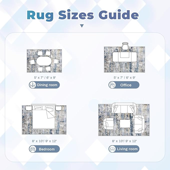 Area Rugs 10x14 Living Room: Washable Rug Modern Abstract Neutral Soft Non-Slip Low-Pile Indoor Large Carpet for Bedroom Dining Room Playroom Home Office (Blue Grey Brown, 10'x14')