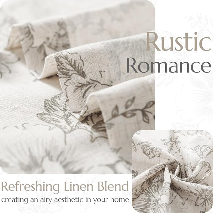 jinchan Linen Blend Curtain Floral Curtains for Living Room 90 Inch Length Grey Printed Curtain Rod Pocket Back Tab Farmhouse Peony Flower Patterned Drapes Bedroom Window Curtains Set 2 Panels