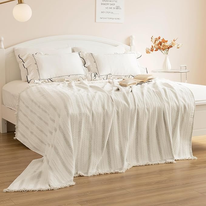 Boho Sofa Covers for 3 Cushion Couch, Chenille Sofa Slipcover for Pets Washable, L-Shape Sectional Loveseat Cover Soft Throw Blankets with Tassels(91x134,Striped Beige)