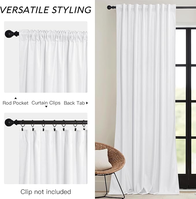 RYB HOME White Velvet Curtains 72 inches with Hook Belt, Soft Fabric Room Darkening Thermal Insulated Luxurious Home Decor Curtains for Living Room Bedroom, W 52" x L 72", 2 Panels Set