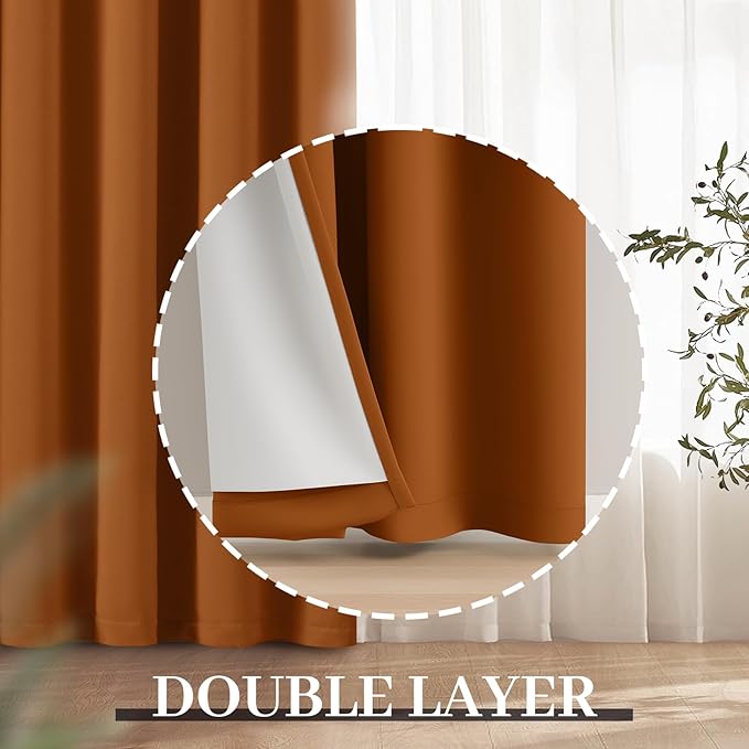 Yakamok Room Darkening 100% Blackout Curtains Grommet Window Treatments with 2 Thick Layers-Burnt Orange Thermal Insulated Drapes Set of 2 Panels for Bedroom Living Room 52 Inches by 96 Inches Length