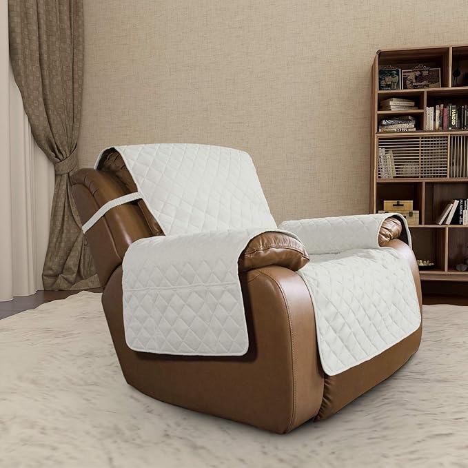 Easy-Going Oversized Recliner Cover Reversible Couch Cover Sofa Cover for Living Room Water Resistant Furniture Protector with Elastic Straps for Pets Dog (Oversized Recliner, Ivory/Ivory)