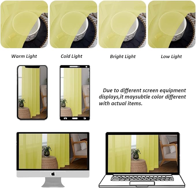 Chyhomenyc Sheer Valances for Windows, Light Filtering Small Window Curtains for Living Room Bathroom Cafe Laundry Basement, Modern Top Dual Rod Pocket Voile Curtain, 42Wx14L inches, Lemon, 2 Pieces
