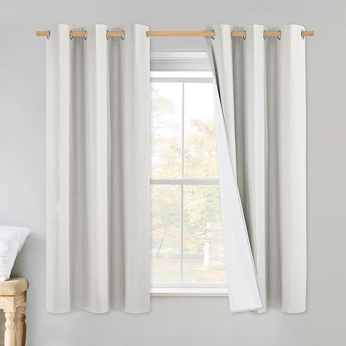 NICETOWN Linen Blackout Curtains for Kitchen, Ivory, 2 Panels, 34" Wide x 48" Long, Short Kitchen Burlap Linen 100% Blackout Drape Panels for Night Shift, Great Job for Blocking Light