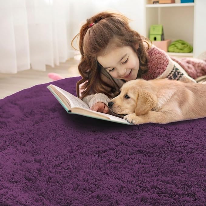 OLANLY Dark Purple Round Rugs for Bedroom - Machine Washable, 9 ft Circle Area Rugs for Living Room, Soft and Fluffy Shaggy Carpet for Teen Girl and Boys, Nursery Rooms, Dorms, Home Decor Aesthetic