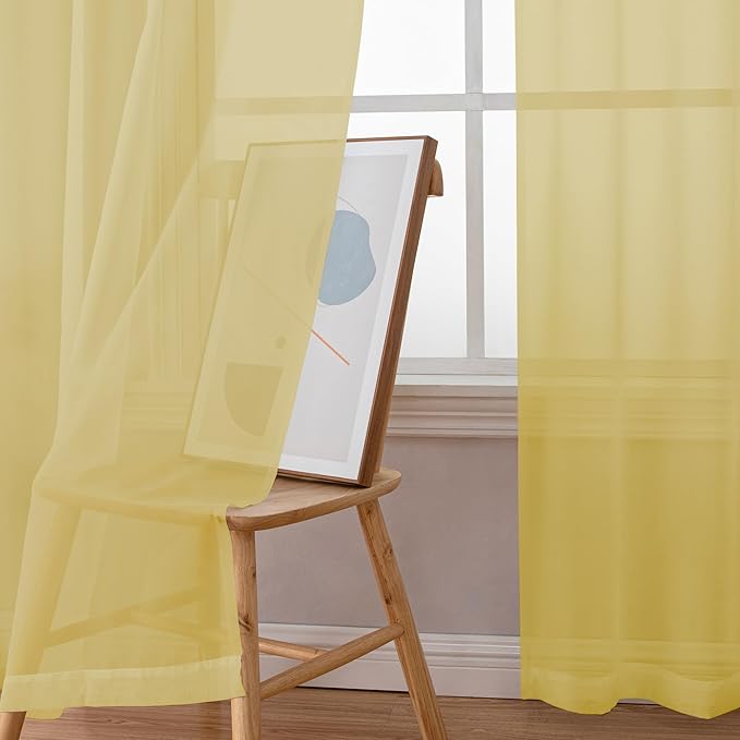 Simplebrand Yellow Sheer Curtains 63 Inch Length 2 Panels, Rod Pocket Solid Color Window Sheer Curtain Panels, Elegant Curtains & Drapes for Living Room, Bedroom (42" W x 63" L)