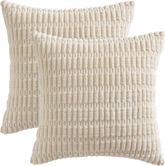 MIULEE Pack of 2 Corduroy Decorative Euro Sham Throw Pillow Covers 24x24 Inch Soft Boho Striped Pillow Covers Modern Farmhouse Home Decor for Sofa Living Room Couch Bed Cream White