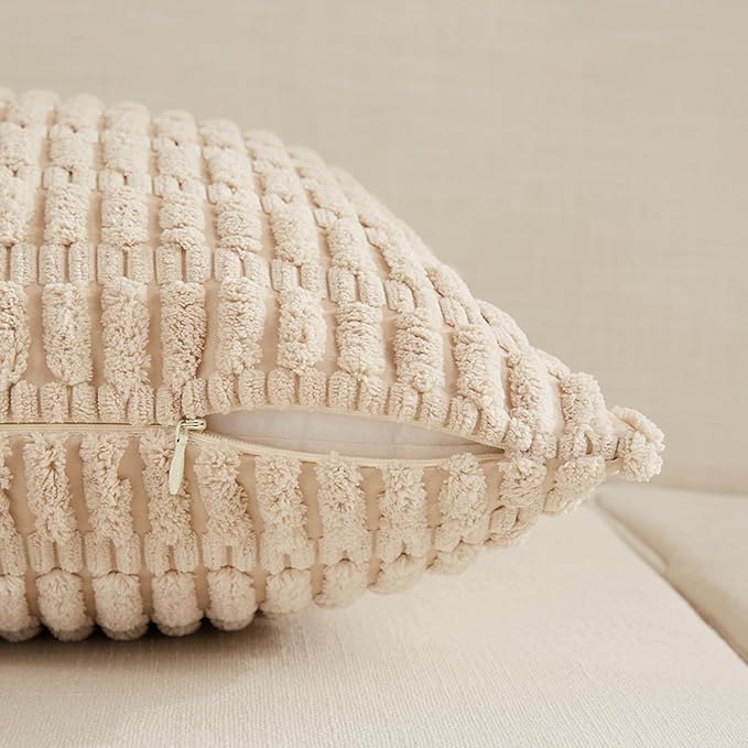 Fancy Homi 4 Packs Tan Decorative Throw Pillow Covers 22x22 Inch for Living Room Couch Bed Sofa, Beige Rustic Farmhouse Boho Home Decor, Soft Plush Striped Corduroy Square Cushion Case 55x55 cm