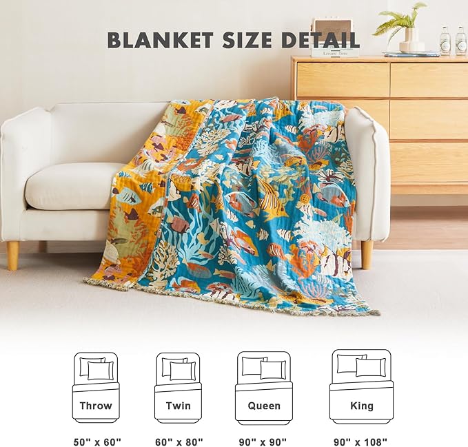 MSGKV Throw Blanket for Couch Cotton Cute Ocean Animals Blanket 50"x60" Sofa Chair Blankets Muslin Spring Breathable All Seasons Lightweight Farmhouse Home Decor