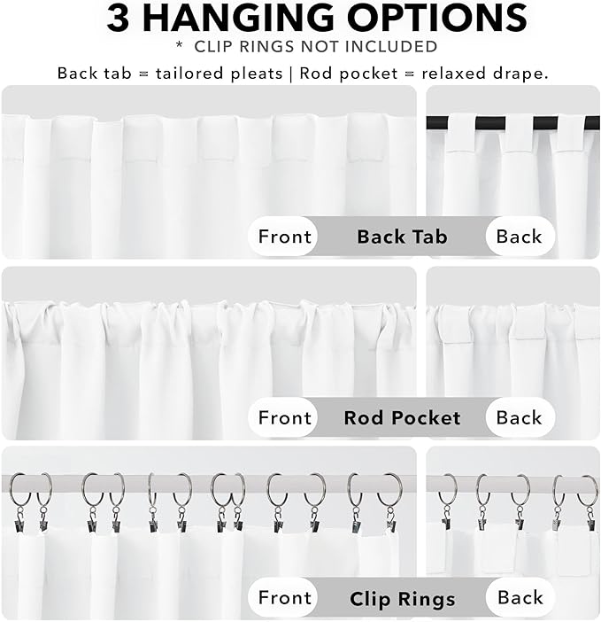 Deconovo Semi 50% Light Blocking Pure White Curtains - Solid Back Tab and Rod Pocket Room Darkening Curtains for Kids' Bedroom, 42x63 Inch, 2 Panels, Adult
