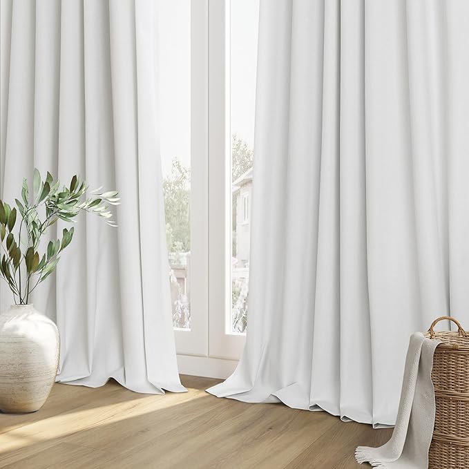White 100% Blackout Linen Curtains 94 Inch Length 2 Panels Set for Living Room Bedroom Back Tab Thermal Insulated Black Out Drapes Room Darkening Farmhouse Style for Bedroom Window Curtains 52x94