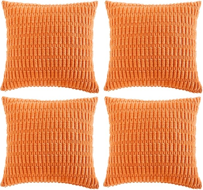 Fancy Homi 4 Packs Orange Fall Decorative Throw Pillow Covers 20x20 Inch for Couch Bed Sofa, Halloween Pumpkin Autumn Home Decor, Soft Cute Plush Corduroy Striped Cushion Case 50x50 CM